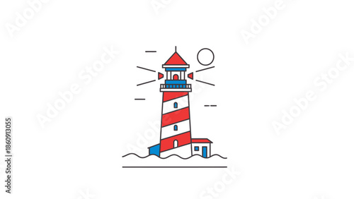 Iconic red and white striped lighthouse guiding ships at sea with a circular sun above