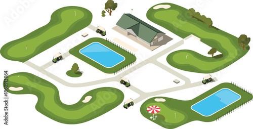 Isometric golf resort illustration with green fairways, clubhouse, carts, water hazards, and putting greens, luxury outdoor sports and leisure landscape design