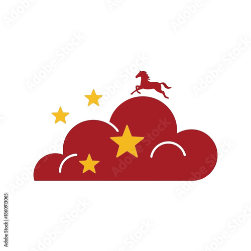 Dreamy Red Cloud with Stars and Galloping Horse Vector