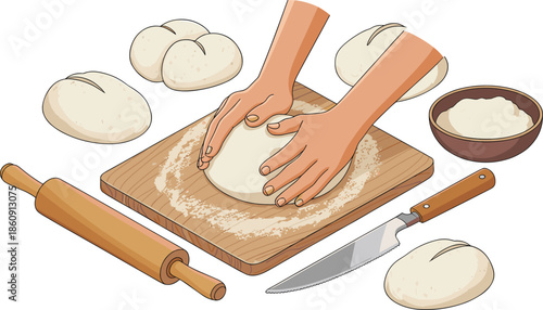 Bread making illustration with hands kneading dough on wooden board, baking tools, fresh dough portions, homemade bakery preparation process scene
