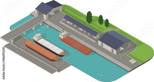 Isometric river port logistics illustration with cargo ships, docks, warehouses, and industrial harbor infrastructure for freight transportation and supply chain operations