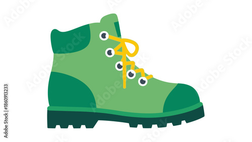 Illustration of a green hiking boot with yellow laces on a white background