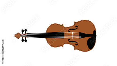 Illustration of a Classic Wooden Violin with Black Strings and Fine Details on a White Background