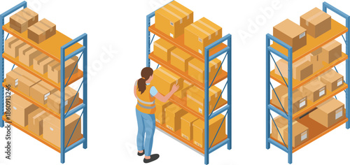 Isometric warehouse inventory management illustration with worker organizing boxes on storage shelves, logistics distribution center, supply chain and stock control concept