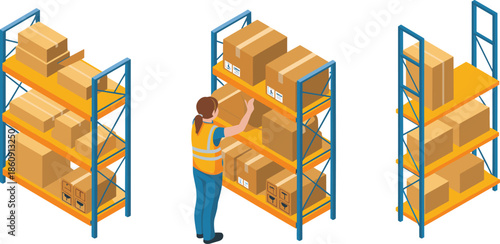 Isometric warehouse inventory management illustration with worker organizing boxes on storage shelves, logistics distribution center, supply chain and stock control concept