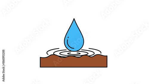 Illustration of a water droplet falling into soil with ripples emphasizing water absorption and