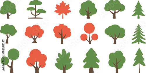 Set of stylized tree icons in flat design, green and autumn colors, nature elements collection for landscape, ecology, and seasonal illustration projects