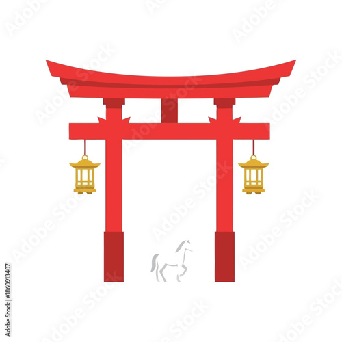 Elegant Red Torii Gate Vector Design with Lanterns