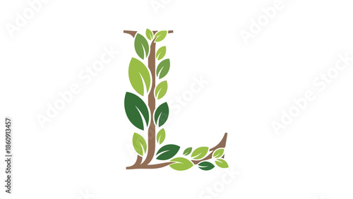 Letter L logo design formed by branches and green leaves in flat style