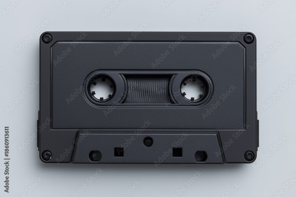 Obraz premium Close-up of a black cassette tape on a plain background