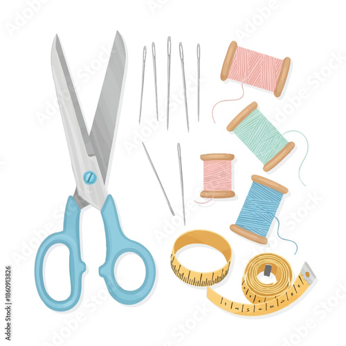 A colorful flat lay of sewing tools, including scissors, threads, needles, and a measuring tape, on a clean white background, conveying a cute and cartoon-like mood.