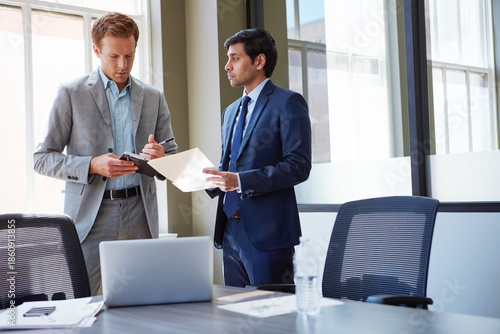 Quadro su tela Businessman, document and assistant writing in meeting for reporting, auditing support or notes