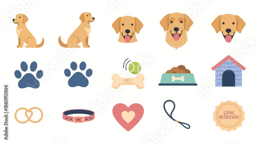 A collection of golden retriever illustrations and various dog care accessories on a clean white background.