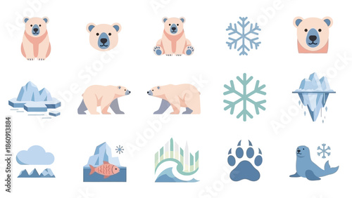 A collection of flat design icons depicting Arctic animals like polar bears and seals, along with natural elements such as icebergs, snowflakes, and the aurora borealis.