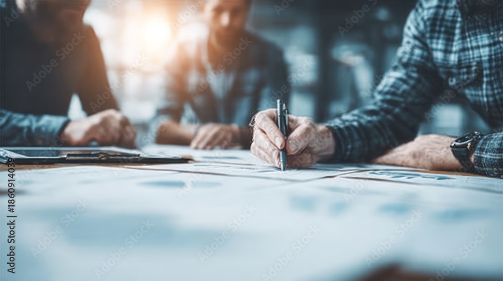 Obraz premium Focused colleagues collaborate intensely, reviewing documents at a meeting table.