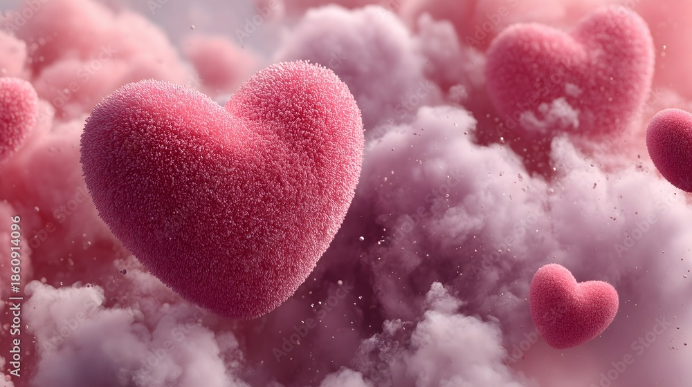 Fototapeta premium Wispy white smoke with pink hearts floating for Valentine's Day celebration in a dreamy setting