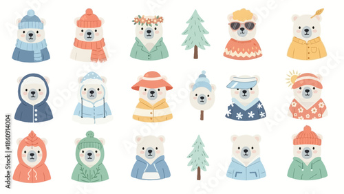 A collection of cute cartoon polar bears wearing various seasonal outfits, including winter hats, scarves, and summer accessories, alongside small pine trees.