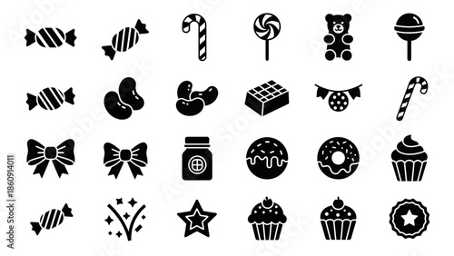 A collection of black silhouette icons featuring various candies, desserts, and celebration elements on a white background.