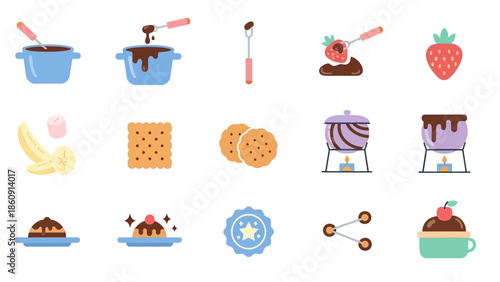 A collection of flat design icons depicting chocolate fondue preparation, ingredients like fruit and biscuits, and finished dessert dishes.