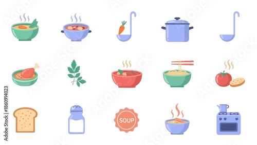 A collection of flat design icons depicting various types of soup, cooking utensils, and ingredients like bread, salt, and vegetables, all related to culinary preparation.