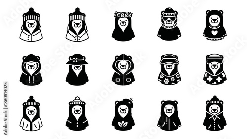 Collection of 15 stylized cartoon bear characters in various outfits and accessories, presented as black and white icons.