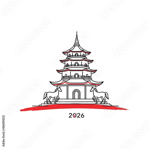 Elegant Asian Pagoda Vector with Horses for 2026 Celebrations