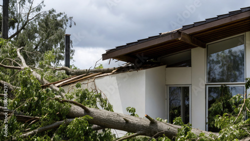 Tree falls on a house roof during storm concept. Damage to a home from a fallen tree after a severe storm.