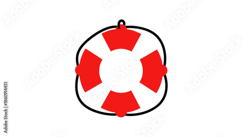 Red and white lifebuoy symbol with black rope on a white background