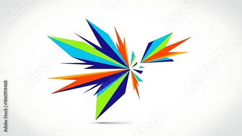 A vibrant and dynamic abstract geometric explosion featuring sharp, colorful polygonal shards radiating outwards from a central point against a white background.