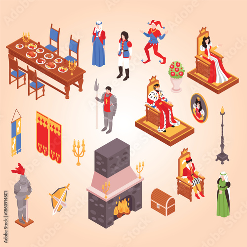 Isometric castle royal interior flowchart composition illustration style decor carpet building classic historical view elegance