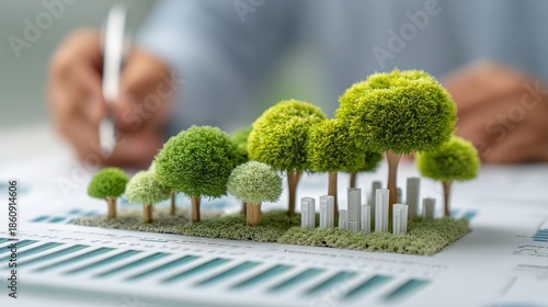 Miniature green trees and buildings illustrate sustainable growth on top of financial documents.