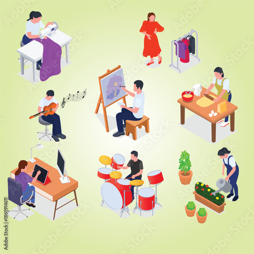 Hobby set with men and women sewing playing guitar working on tablet playing drums painting cooking watering flowers isometric isolated 3d vector illustration