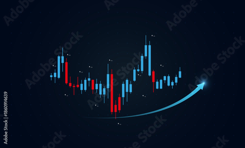 Blue candlesticks dominate red bearish bars, showing forex market recovery and bullish shift. A glowing blue arrow curves upward through volatile trading