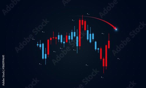 Red candlesticks signal bearish forex trends ending with a bright red shooting star arrow. Blue bullish bars mix with dominant red declines, showing market