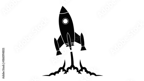 Silhouette of a rocket blasting off with smoke and fire against a white background