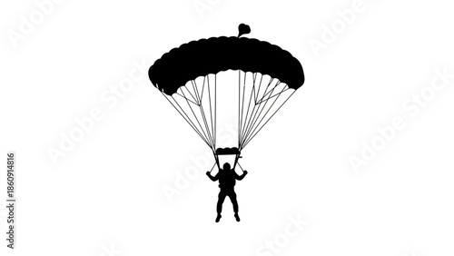 Silhouette of a Skydiver Descending with Open Parachute Against a White Background