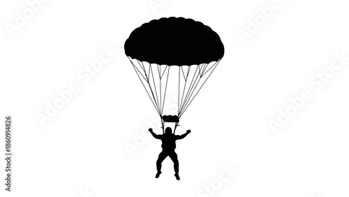 Silhouette of a skydiver in freefall with parachute deployed against a white background