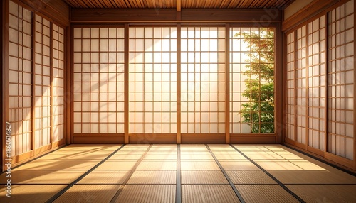 A minimalist Japanese interior with sliding paper screens, wooden frames, and tatami mats. A sunlit garden is visible through the large window