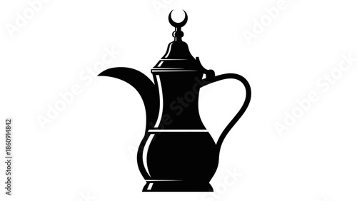 Silhouette of an ornate Arabic brass coffee pot with crescent moon on lid traditional Middle
