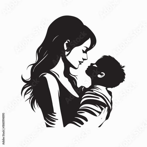 Woman Holding Child Silhouette Vector Isolated on White Background