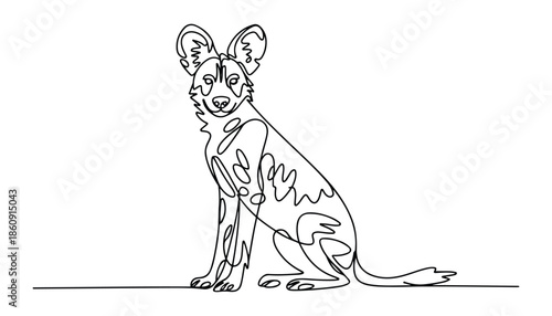 One continuous line illustration of an African wild dog , isolated on white background.
