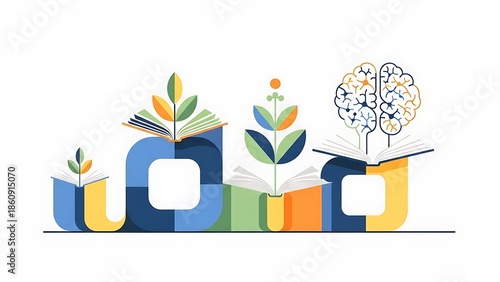 A charming illustration depicting a row of open books with plants growing from them, culminating in a book revealing a detailed human brain, symbolizing learning and knowledge growth.