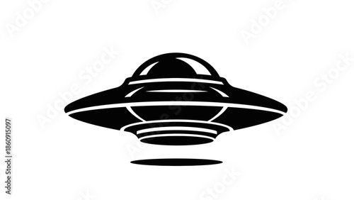 Simple black silhouette of a classic flying saucer hovering against a white background