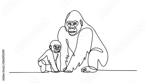 One continuous line illustration of an gorilla , isolated on white background.