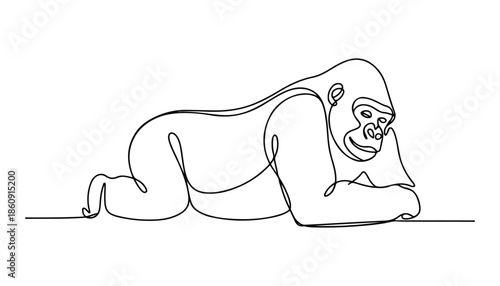 One continuous line illustration of an gorilla , isolated on white background.