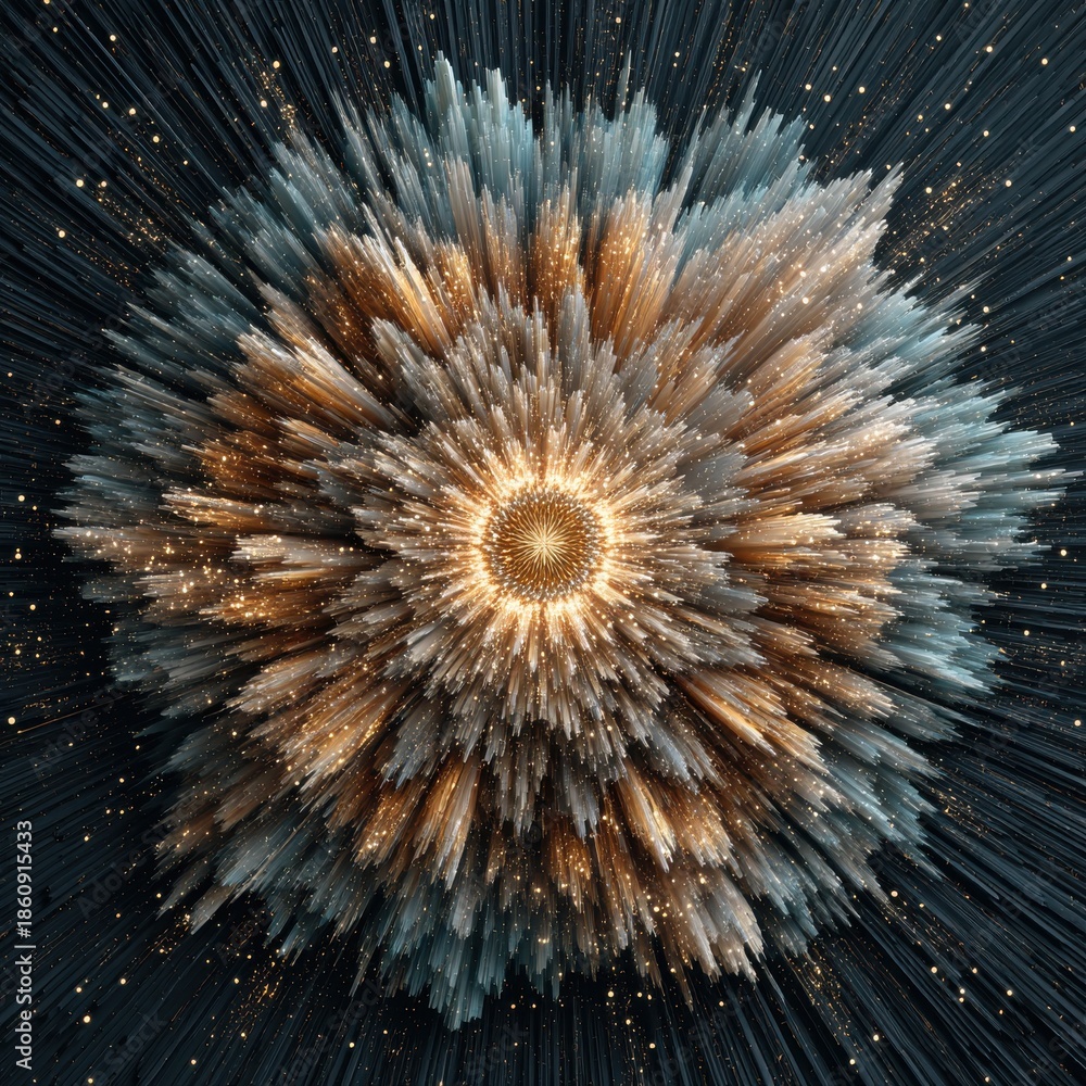 Obraz premium Abstract Exploding Geometric Starburst with Golden Glitter Particles on Dark Background