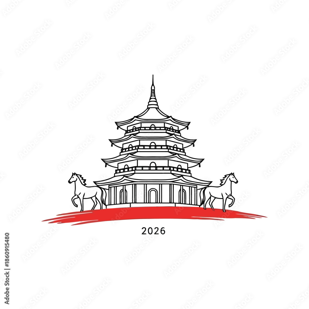 Obraz premium Chinese New Year 2026 Vector with Pagoda and Horses Design
