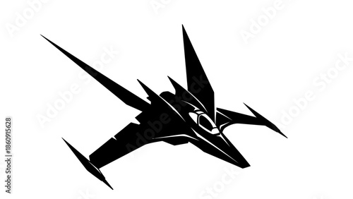 Sleek black futuristic spaceship design in dynamic aerial flight pose