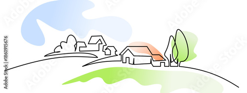 Landscape with village houses on hill. Continuous one line drawing.