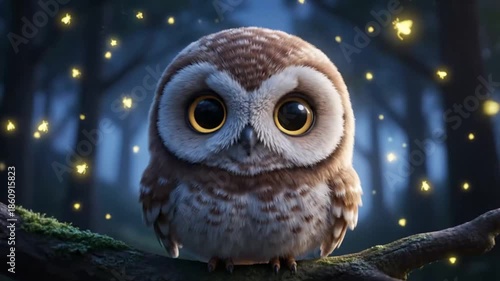 Adorable Baby Owl with Big Eyes Sitting on a Branch in a Magical Forest at Night with Fireflies.